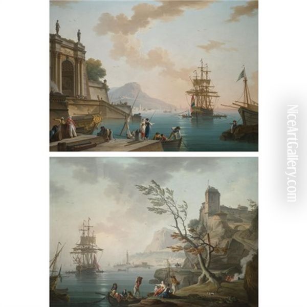 Morning: A View Of A Mediterranean Port At Sunrise With Figures Gathered On The Nearside Quay (+ Evening: A View Of A Mediterranean Port At Dusk, With Figures Unloading Cargo From A Rowing Boat Onto T Oil Painting by Charles Francois Lacroix