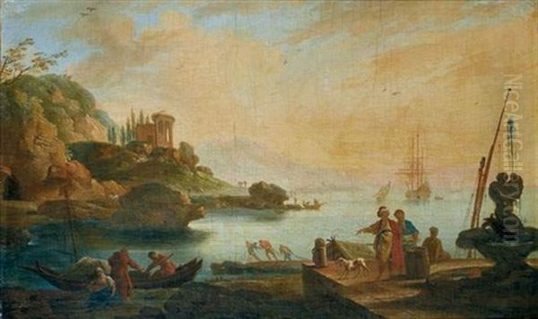 Marchands Turcs Et Pecheurs Sur Un Rivage Domine Par Des Ruines Antiques Oil Painting by Charles Francois Lacroix