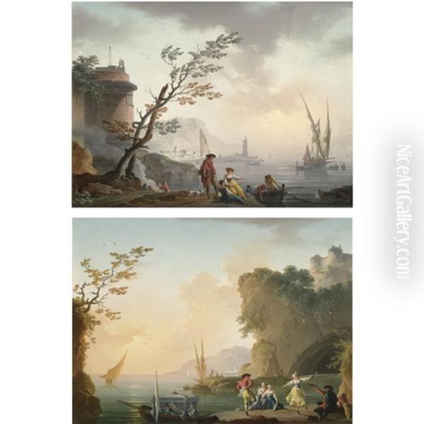 Morning: Fisherfolk On A Rocky Coast, A Fortified Town Beyond (+ Evening: A Couple Dancing Near A Cave, Their Barge Awaiting Off The Shore; Pair) Oil Painting by Charles Francois Lacroix