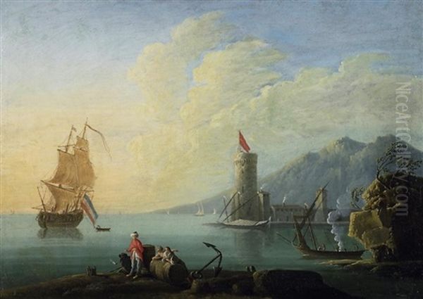 Vor Der Hafeneinfahrt. Hafenarbeiter Ruhen Sich Am Kai Aus Und Beobachten Einen Vor Anker Liegenden Segler Oil Painting by Charles Francois Lacroix