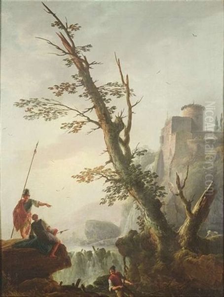 Steile Figurenstaffierte Felskuste Mit Einem Kastell Auf Der Hohe. Im Vordergrund Fischer Bei Der Arbeit An Einer Reuse Oil Painting by Charles Francois Lacroix