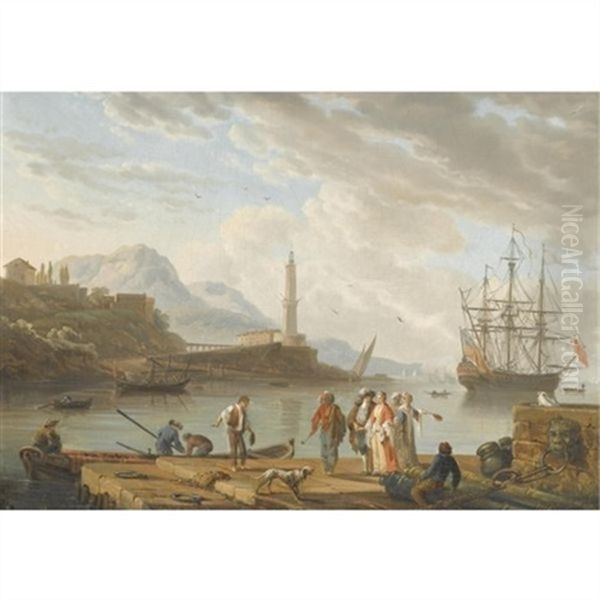 A Mediterranean Harbour Scene With Figures Conversing In The Foreground Oil Painting by Charles Francois Lacroix