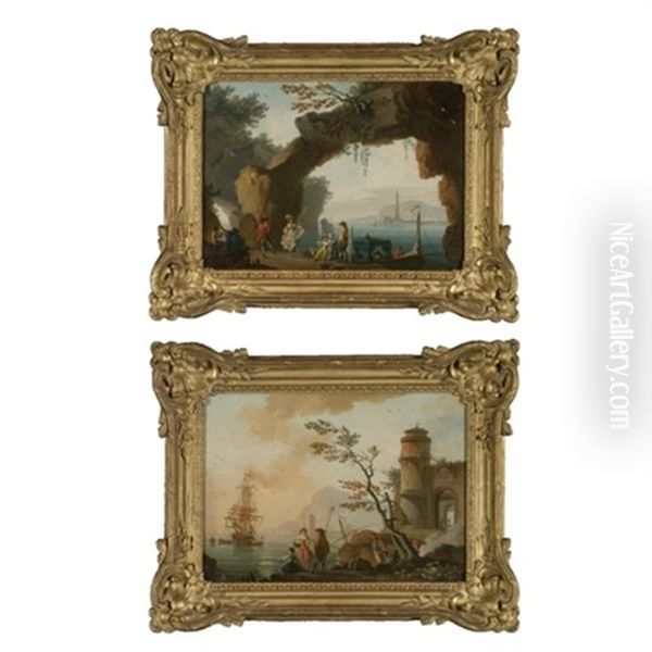 A Mediterranean Coastal Landscape With Elegant Figures Making Music And Dancing, A Harbour Beyond  (+ Another, Larger; Pair) Oil Painting by Charles Francois Lacroix