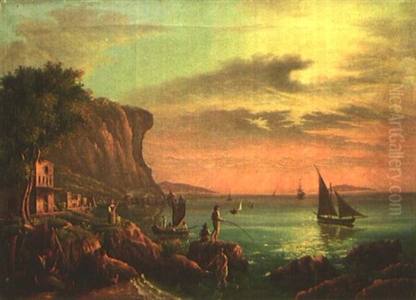 Sudliche Kustenlandschaft Bei Abendstimmung Oil Painting by Charles Francois Lacroix