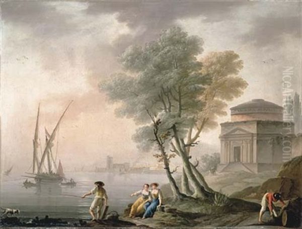 A Mediterranean Port With Fishermen On The Shore, And A Classical Temple Oil Painting by Charles Francois Lacroix