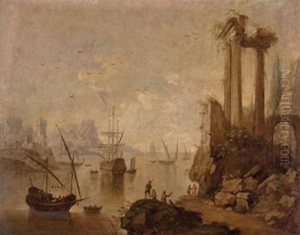 Segelschiffe Im Hafen Mit Architekturcapriccio Oil Painting by Charles Francois Lacroix