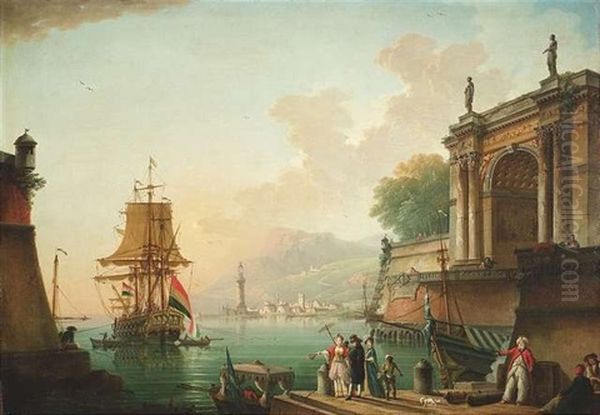 Sudlicher Hafen Mit Eleganten Figuren An Einem Steg Neben Einer Klassischen Bogenarchitektur Oil Painting by Charles Francois Lacroix