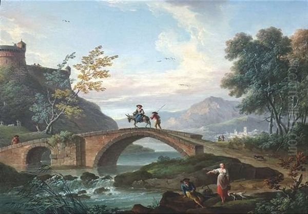 Landschaft Mit Brucke Uber Einen Wildbach Oil Painting by Charles Francois Lacroix