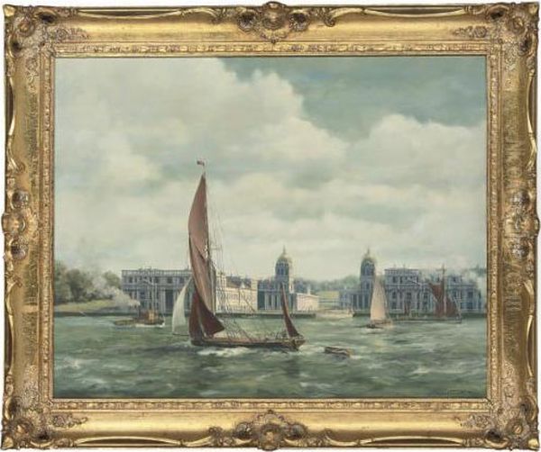 A Thames Barge And Other Shipping In The Pool Of London; And A Thames Barge Running Down The Thames Before Greenwich Hospital Oil Painting by Sidney James Beer