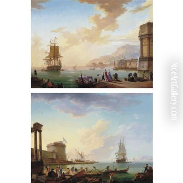 A Port Scene With Elegant Figures Embarking (+ A Port Scene With Fishermen Hauling Nets; Pair) Oil Painting by Charles Francois Lacroix