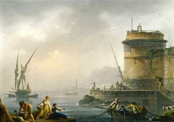 Vue De Port Au Soleil Couchant Oil Painting by Charles Francois Lacroix