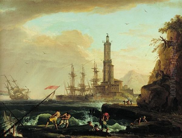 Scene De Mer Agitee Devant Un Port Mediterranen Oil Painting by Charles Francois Lacroix