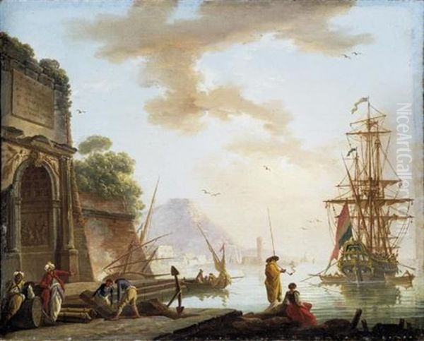 A Mediterranean Sea Port With Orientals Conversing Beneath An Ancient Roman Arch, A Man-o-war At Anchor Beyond Oil Painting by Charles Francois Lacroix