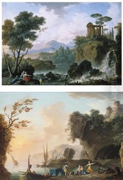 A Capriccio Landscape With Tivoli, The Temple Of Vesta And A Waterfall, A Fisherman And Other Figures In The Foreground (+ A Coastal Rocky Landscape At Sunset With Figures Dancing Before A Cave; Pair) Oil Painting by Charles Francois Lacroix