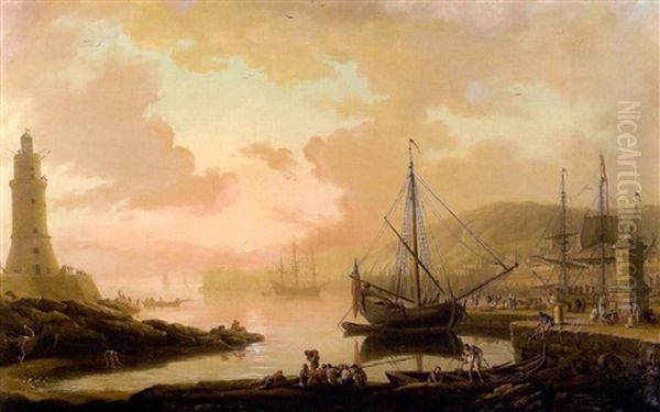 Navires Dans Un Port Avec Phare Oil Painting by Charles Francois Lacroix