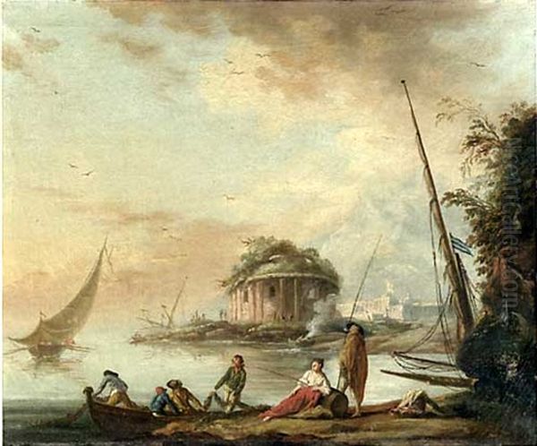 Paysage De Bord De Mer Anime De Pecheurs Oil Painting by Charles Francois Lacroix