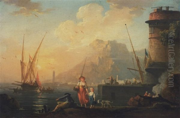 Pecheurs Au Bord De La Mer Au Soleil Couchant Oil Painting by Charles Francois Lacroix