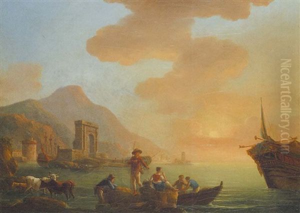 Vue D'un Port Mediterraneen Au Soleil Couchant Oil Painting by Charles Francois Lacroix