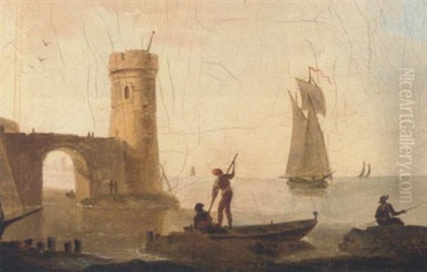 A View Of A Fishing Port Oil Painting by Charles Francois Lacroix