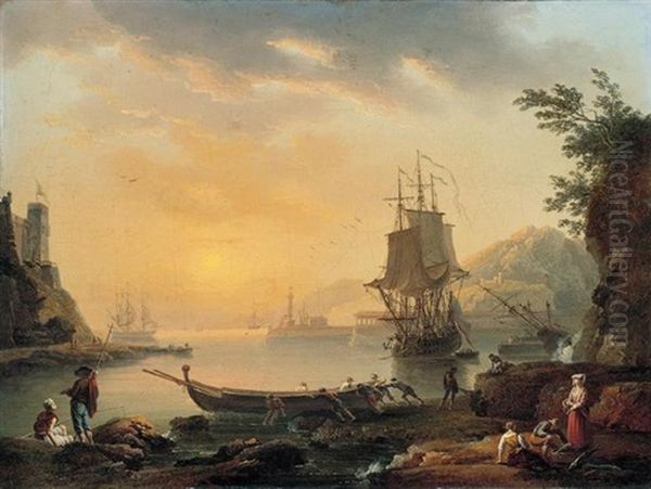 A Mediterranean Harbour Scene With Figures On The Shore, And Fishermen Launching A Boat Oil Painting by Charles Francois Lacroix