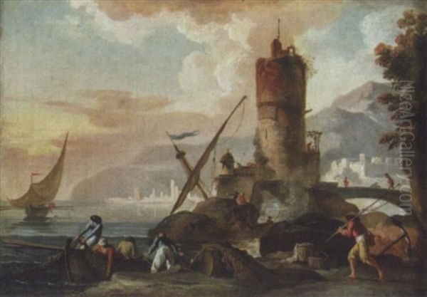 A Mediterranean Harbour Scene With Fishermen Tending Their Nets Oil Painting by Charles Francois Lacroix