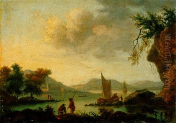 Pecheurs Au Bord D'un Lac, Au Soleil Couchant Oil Painting by Charles Francois Lacroix