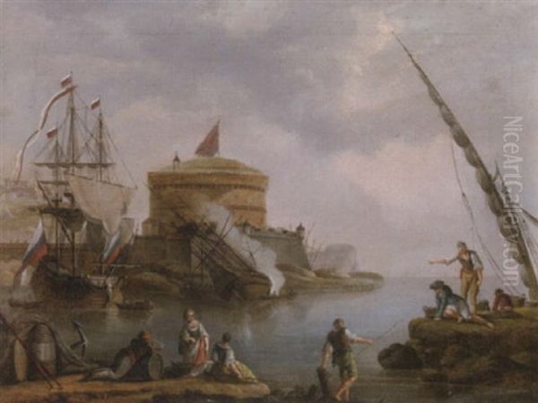 A Capriccio Landscape With Figures In The Foreground And Battleships By A Fortress Beyond Oil Painting by Charles Francois Lacroix