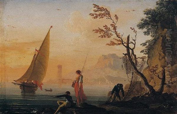 A Coastal Landscape At Sunset With Fisherfolk In The Foreground Oil Painting by Charles Francois Lacroix