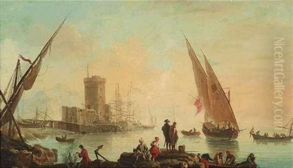 Sudlandische Hafen. Im Vordergrund Figurenstaffage Oil Painting by Charles Francois Lacroix