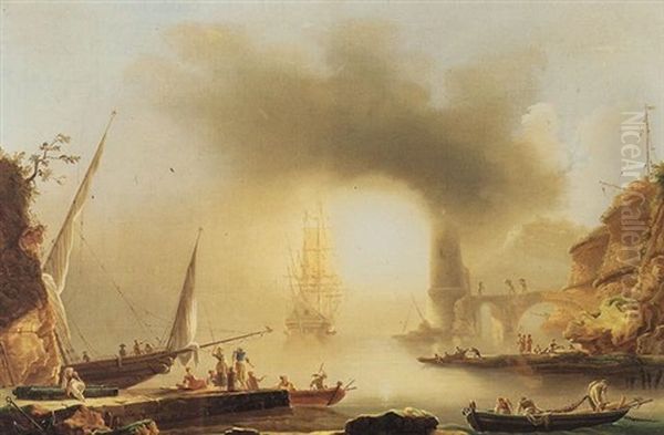 Fisher Folk At Harbor Oil Painting by Charles Francois Lacroix