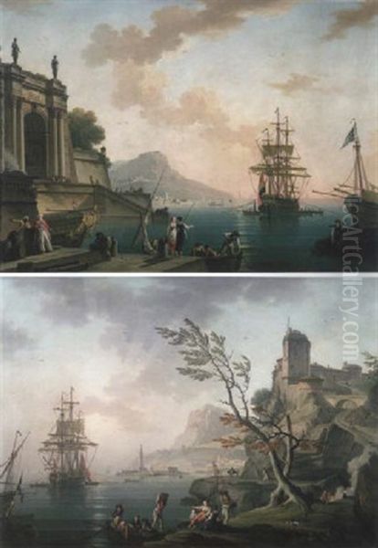 Vue D'un Port Mediterraneen Au Lever Du Jour Oil Painting by Charles Francois Lacroix