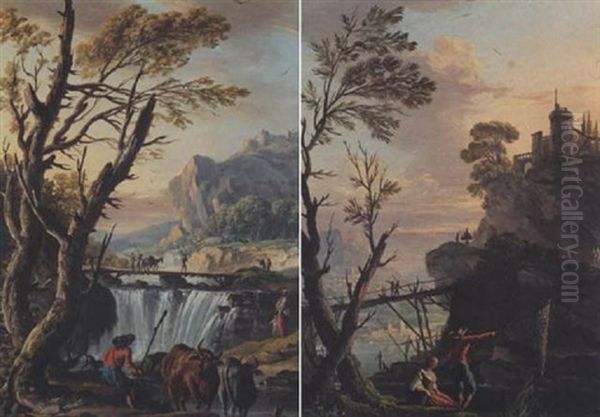 A River Landscape With A Drover Watering His Cattle Before A Bridge by Charles Francois Lacroix