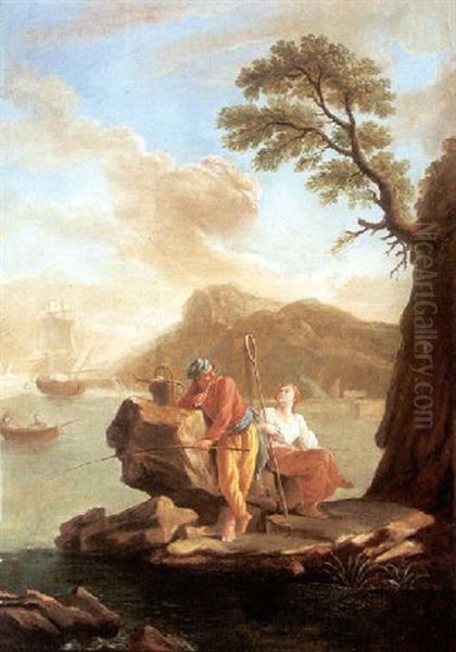 A Mediterranean Coastal Scene With A Fisherman And Woman On A Rock Oil Painting by Charles Francois Lacroix