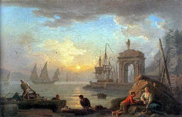 Rivage Anime Au Soleil Couchant Oil Painting by Charles Francois Lacroix