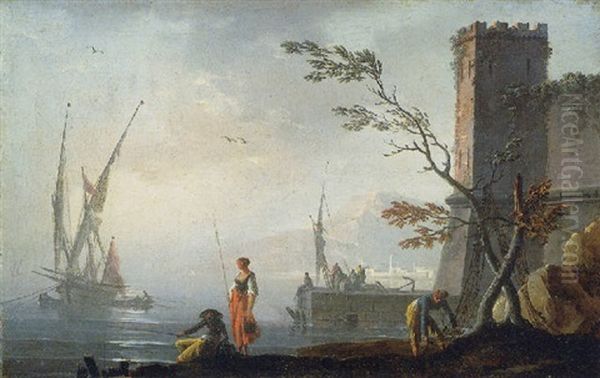 A Mediterranean Port Scene With Fisherfolk And Other Figures Oil Painting by Charles Francois Lacroix