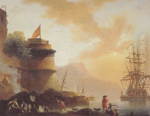 A Mediterranean Coastal Scene With Stevedors And Fisherfolk Beneath A Fortification by Charles Francois Lacroix