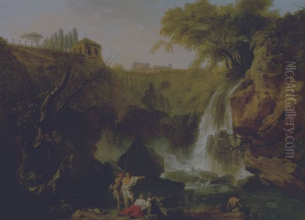 Tivoli, La Cascate Dell'aniene, Il Borgo Sullo Sfondo E Cinque Astanti In Paesaggio Oil Painting by Charles Francois Lacroix