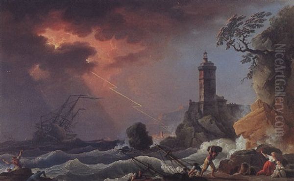 Ships In A Stormy Sea Off A Rocky Coast Oil Painting by Charles Francois Lacroix