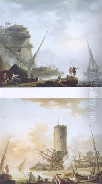 A Mediterranean Coast With Fisherfolk On The Shore, A Tower And Shipping Beyond Oil Painting by Charles Francois Lacroix