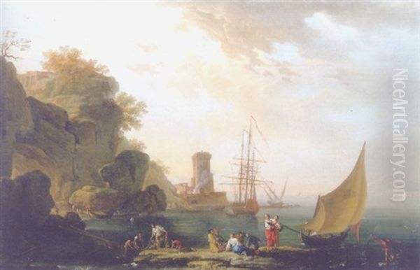 A Mediterranean Coast With Fishermen And Other Figures On The Shore, A Harbor And Shipping Beyond Oil Painting by Charles Francois Lacroix