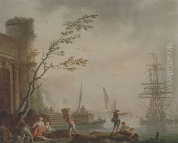 A Port Scene With Fishermen And Women Beside A Ruined Portal, A Man-of-war Anchored Offshore Beyond Oil Painting by Charles Francois Lacroix