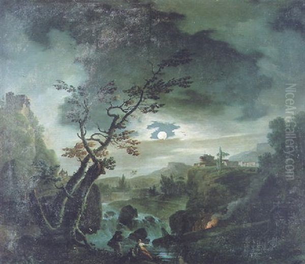 Paysage Au Clair De Lune Oil Painting by Charles Francois Lacroix