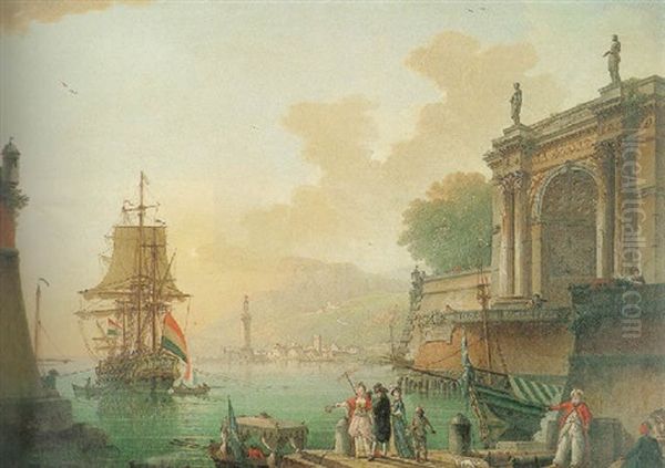 A Mediterranean Port With Elegant Figures On A Quay Near A Classical Arch, A French Man-of War In The Harbour Beyond Oil Painting by Charles Francois Lacroix