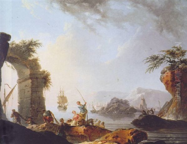 A Mediterranean Coastline With Fisherfolk On The Shore By A Ruined Archway Oil Painting by Charles Francois Lacroix