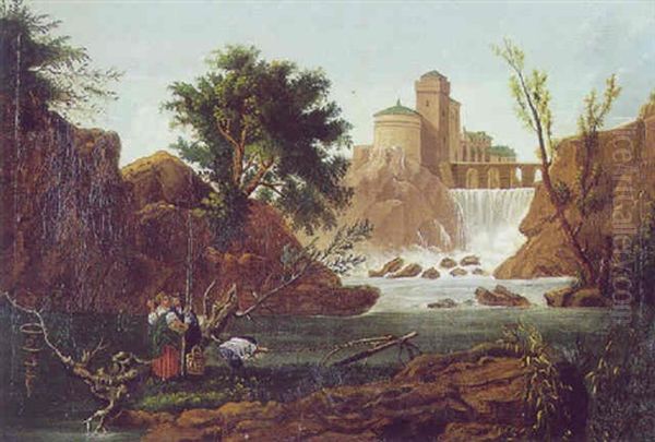 Romantisk Landskab Med Brusende Vandfald Ved Hojtliggende Borg, I Forgrunden Ungt Par Oil Painting by Charles Francois Lacroix