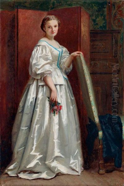 Dame In Weissem Brokatkleid Oil Painting by Wilhelm Amandus Beer