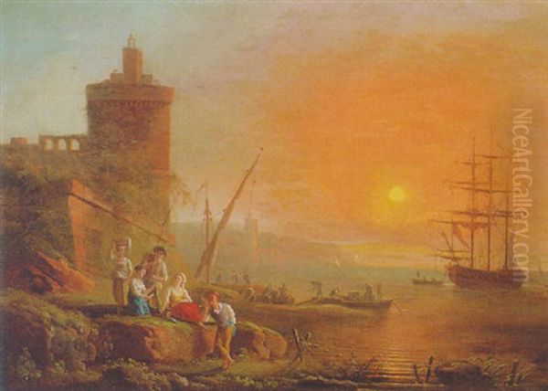 A Mediterranean Coastline At Sunset With Fisherfolk On The Shore, A Man-o'-war Moored Beyond Oil Painting by Charles Francois Lacroix