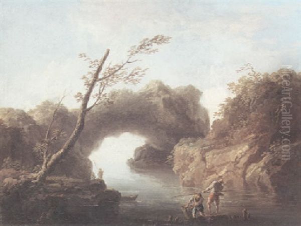 A Coastal Inlet With Figures Fishing In The Foreground And Others Standing On The Bank Beyond Oil Painting by Charles Francois Lacroix