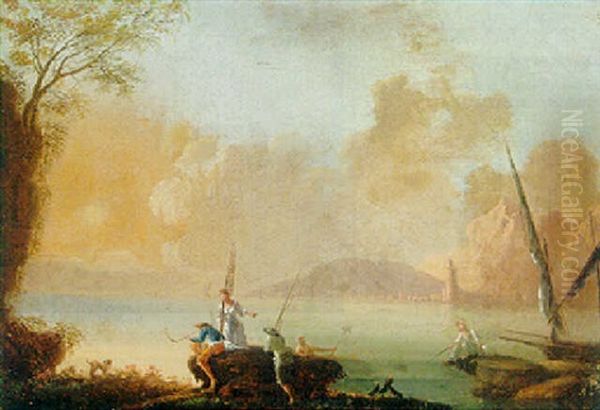 Mediterranean Coastline With Fisherfolk On The Shore Oil Painting by Charles Francois Lacroix