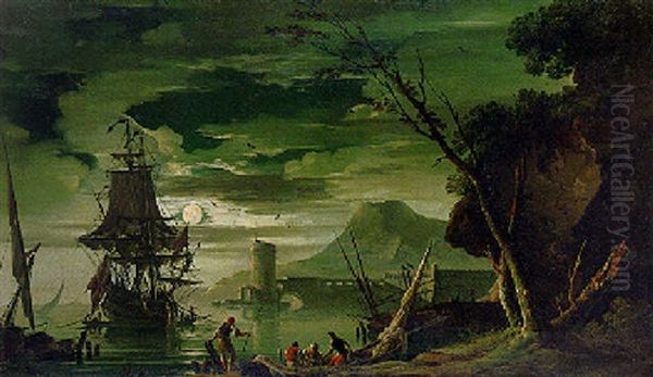 Port Scene With Fishermen In The Moonlight Oil Painting by Charles Francois Lacroix